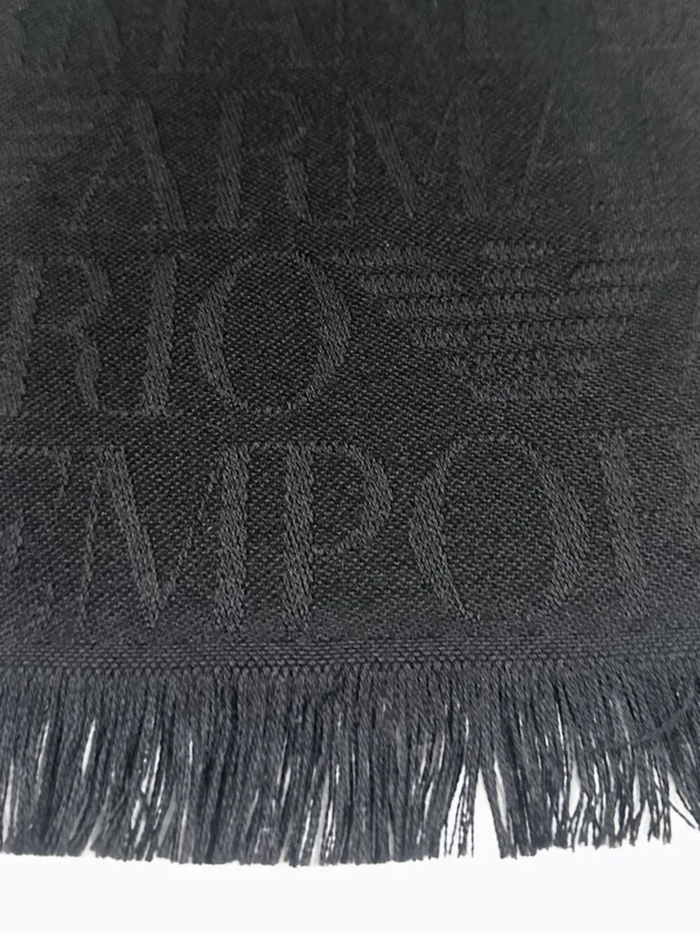 Emporio Armani Vintage Black Jacquard Logo Pattern Fringed Oblong Luxury Scarf